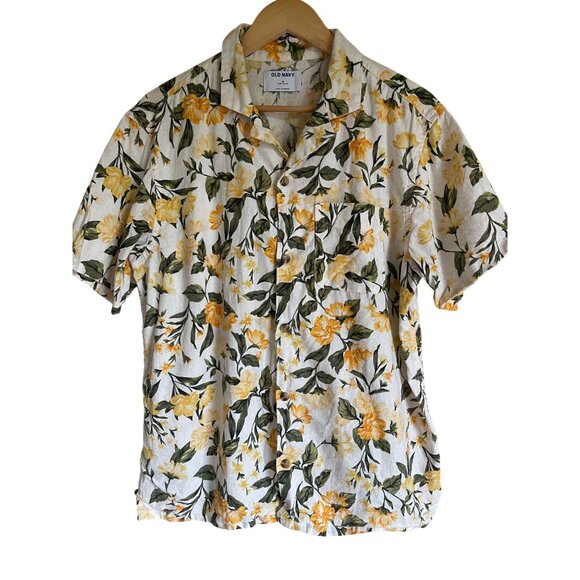Old Navy White Linen Blend Medium Tropical Floral Button Up Collared Hawaiian Sh - Picture 1 of 7